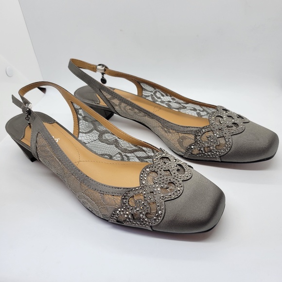 J. Renee Women's Faleece Lace/Satin Pumps Dark Gray 10.5M Block Heel - Picture 4 of 13